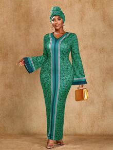 Brilight 女士热带优雅定位印花V领长袖修身连衣裙，适合聚会和派对，南非图案，南非传统服饰，秋季连衣裙，女士连衣裙，优雅派对连衣裙 - 綠色 - 查看 4