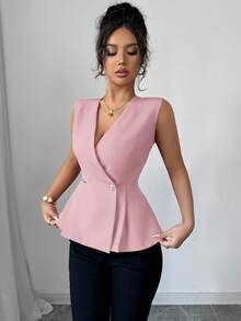 Elenzga Women's Elegant Casual Vacation & Commute Solid Color V-Neck Crossover Double-Breasted Metal Button Pleated A-Line Sleeveless Blouse, Spring/Summer - Baby Pink - View 5