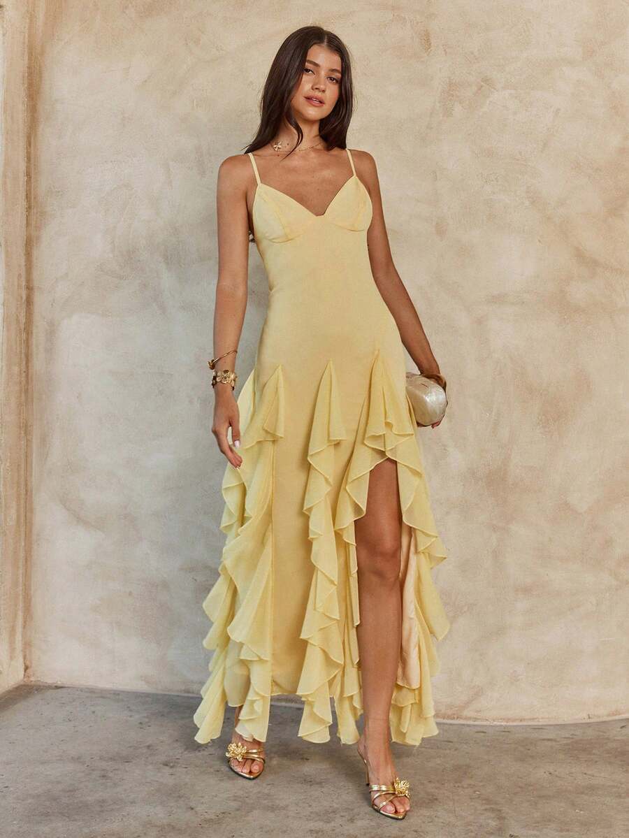 Enchnt Spring/Summer Romantic Women's Yellow Ruffle Trim Slit Bodycon Slip Maxi Dress, European And American Style,Sweet&Elegant For Vacation&Date&Holiday&Going Out,Spring Outfit Women - Butter Yellow - View 1
