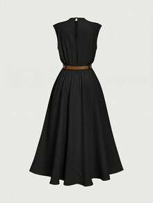 Firerie Kids NovaGlow Tween Girl Tween Girls Casual Chic Commuter Mock Neck Flounce Waist A-Line Long Dress - Black - View 2