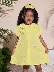 Young Girl's Cute Yellow Peter Pan Collar Bow Tie Short Sleeve Dress, Summer - Yellow - View 3