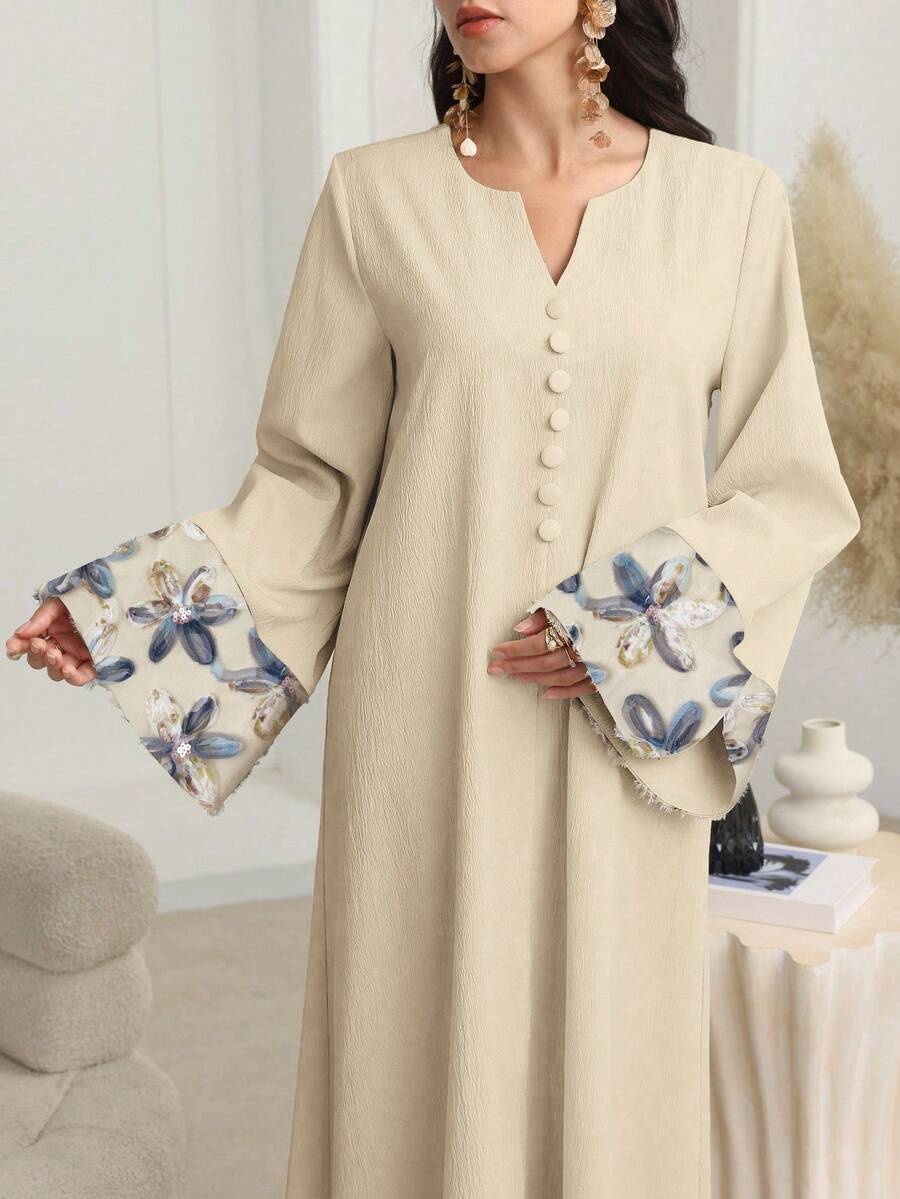 Al Najma 女士杏色长袖花卉网纱优雅阿拉伯连衣裙，秋冬款 - 杏色 - 查看 1