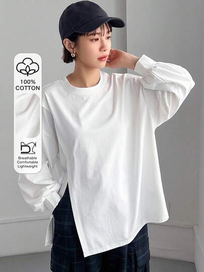 FRIFUL 女士圆领宽松下摆开衩纯棉基础款纯色T恤，适合春夏季穿着