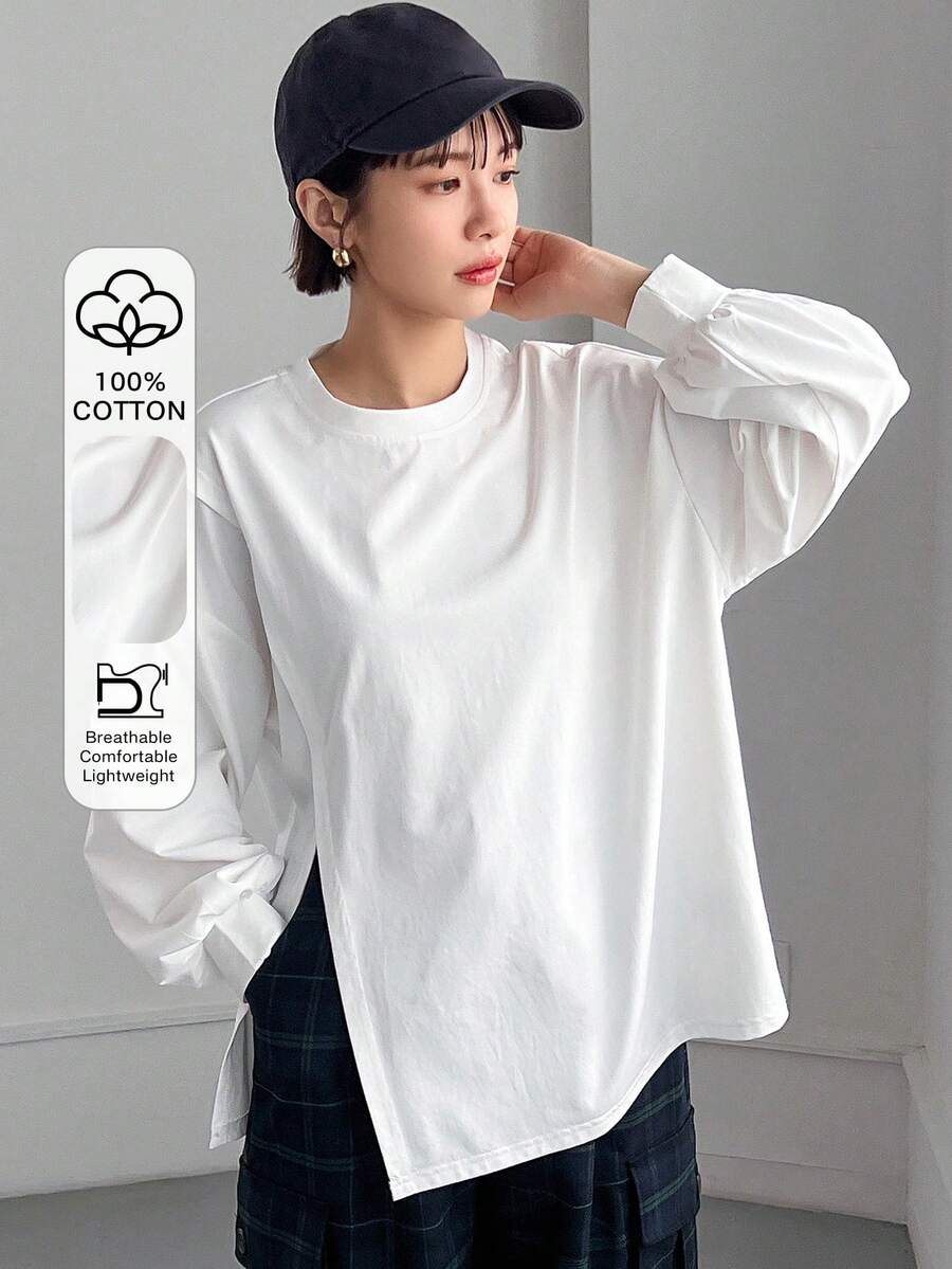 FRIFUL Women's Round Neck Loose Hem Slit Cotton Basic Solid Color T-Shirt, Suitable From Spring To Summer - White - View 1