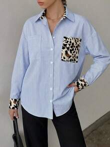 EURMUSE Leopard Detailed Button-Down Long Sleeve Blouse - Blue - View 4