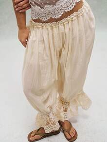 Bohemela Women's Vacation Casual Lace Patchwork Pants - Beige - View 4