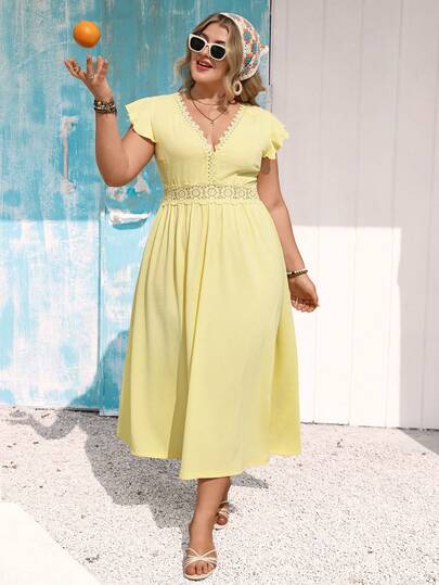 Vivid Eden Vacation Outfits Women,Plus Size Women's Casual Everyday Elegant Romantic Vacation Comfortable Soft Lace Patchwork Yellow Dress,Elegant Lace-Trimmed V-Neck, Waist-Cinching, A-Line, Slim-Fitting Yellow Summer Beach Vacation Dress For Women, With Back Gathering Design That Is Body-Hugging,Beach Dress Yellow Maxi Dress Women Women Vacation Dress Yellow Sundress Women Lemon Dress Women Yellow Vacation Dress,Vacation Outfits Women,Summer Outfits,Spring Outfit Women,Elegant Dresses For Party