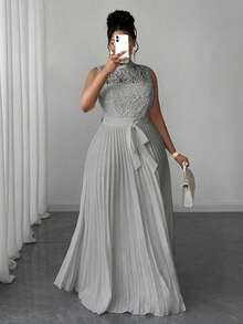 Maweii Đầm ren xếp ly eo thanh lịch không tay cổ tàu dành cho nữ cỡ lớn - Màu Xám nhạt - Xem 4