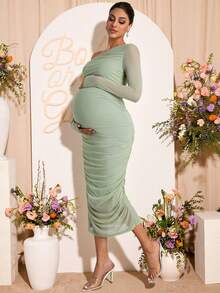 Loomaby 孕妇纯色褶皱斜肩长袖修身优雅连衣裙 - 綠色 - 查看 5