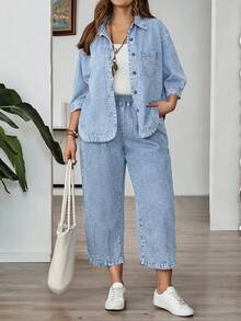 EMERY ROSE Áo khoác denim nữ cỡ lớn, kiểu dáng thường ngày, cài khuy đơn, có túi, tay lửng 3/4. - Rửa nhẹ - Xem 4