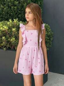 SHEIN 适合度假的少女条纹方领短袖宽松连体裤 - 粉色 - 查看 6