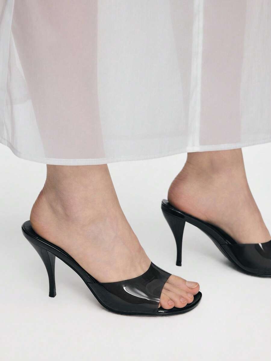 Mnmlis 女款春夏時尚性感透明露趾一腳蹬穆勒高跟優雅派對涼鞋 - 黑色 - 查看 1
