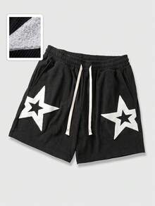 ROMWE MEN Street Life Men's Star Print Drawstring Waist Pocket Shorts - Black - View 1