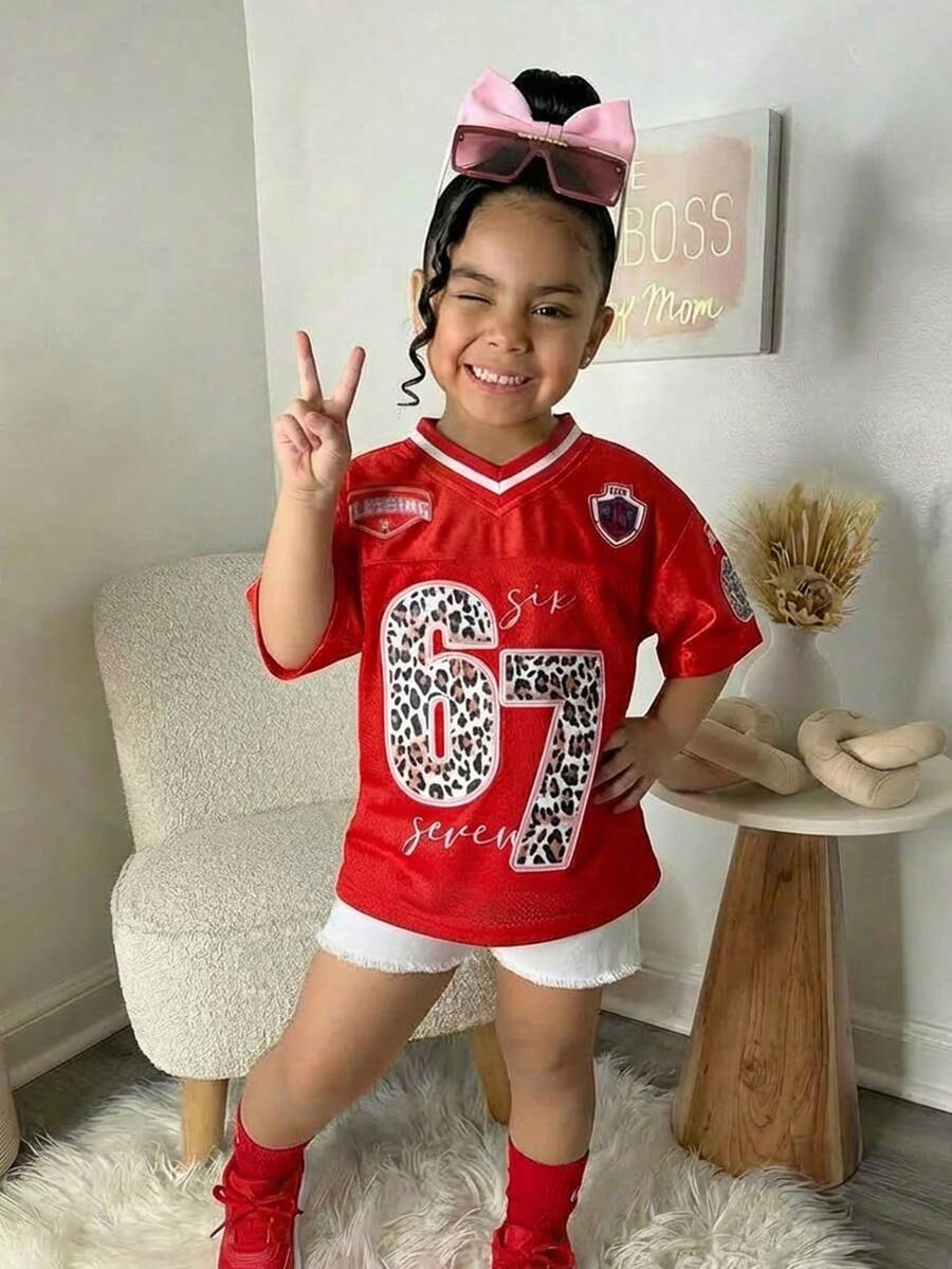 SHEIN Young Girls Six Seven Print Loose T-Shirt, Fashionable, Versatile, Suitable For Party, Photoshoot With Friends, Park, Camping, Vacation, Casual Daily Wear - Red - View 1