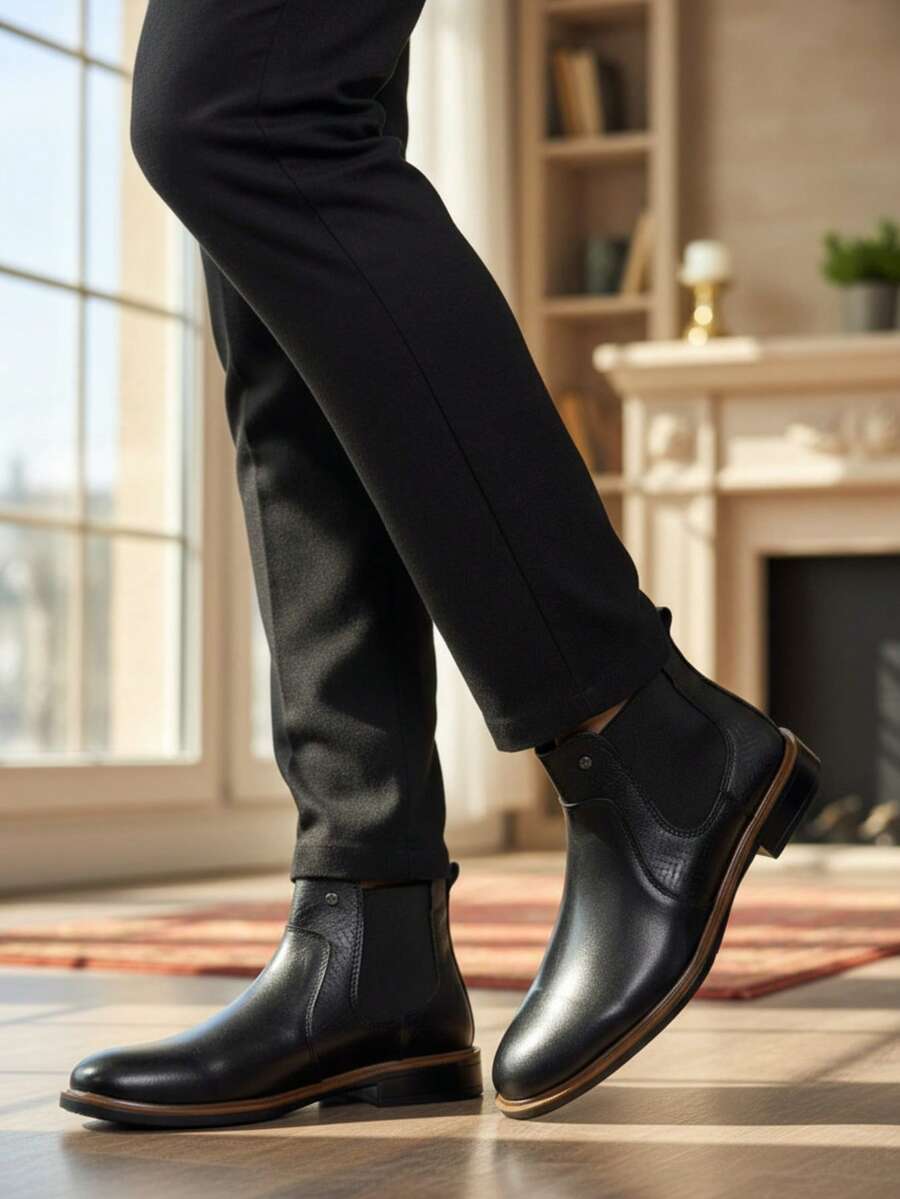 Botines Chelsea clásicos de piel para hombre, en colores marron y negro con panel lateral elástico, ideales para ocasiones formales e informales. Elegantes botines de piel negra para hombre, fáciles de poner y quitar, con paneles elásticos texturizados para mayor comodidad diaria. Botines Chelsea de piel auténtica para hombre, en color negro, con suela resistente, perfectos para un estilo informal de negocios. - Negro - Ver 1