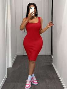 Slaydiva Women's Sleeveless Bodycon Solid Color Mini Dress, Summer Fashion ,Summer Dress - Red - View 6