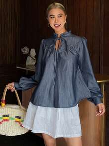 Livesso Loose Fit Tie Front Denim Blouse For Women - Blue - View 3