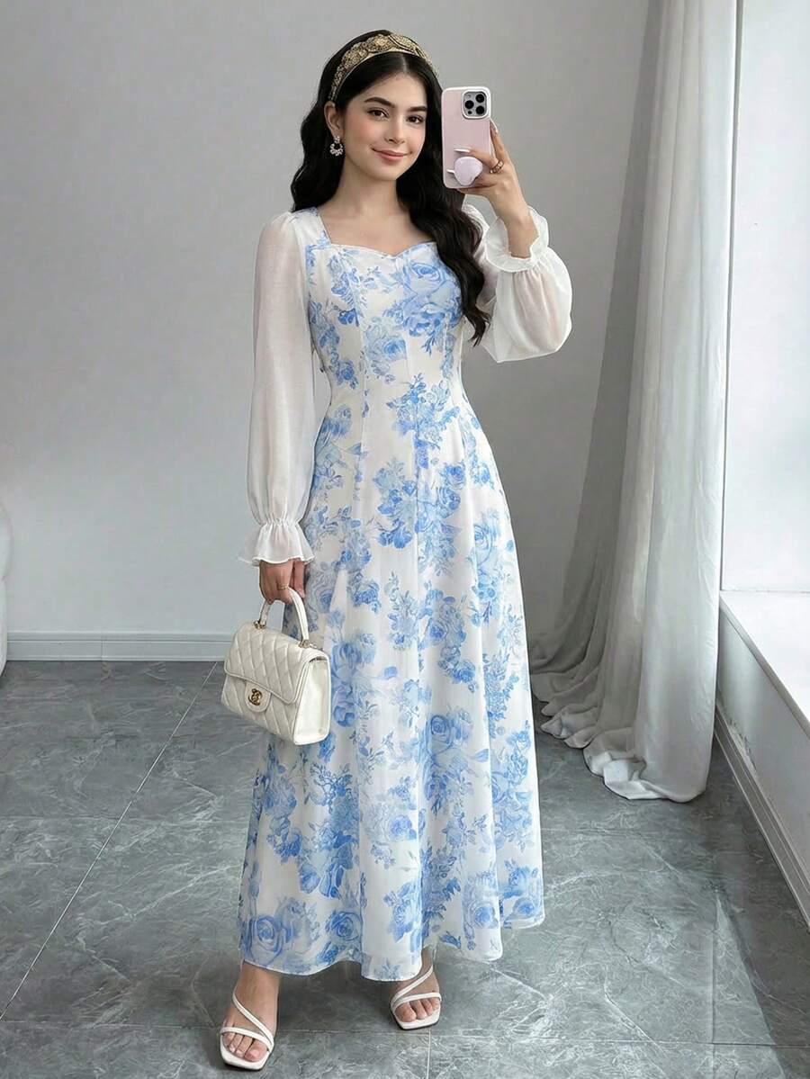 SHEIN Pitira Đầm dài tay kiểu dáng thường ngày bằng chiffon in hoa cho thiếu nữ - Xanh và trắng - Xem 1