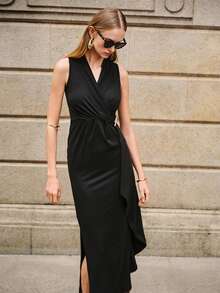 Lumivelle Valentine's Day Black Sleeveless V-Neck Dress For Women, Crossover Waist Ruched Skirt With Metal Buckle Decoration, Elegant High-Quality Dress For Daily, Commute, And Dates  Summer Dress Black Dress  Dress For Wedding Guest - Black - View 3