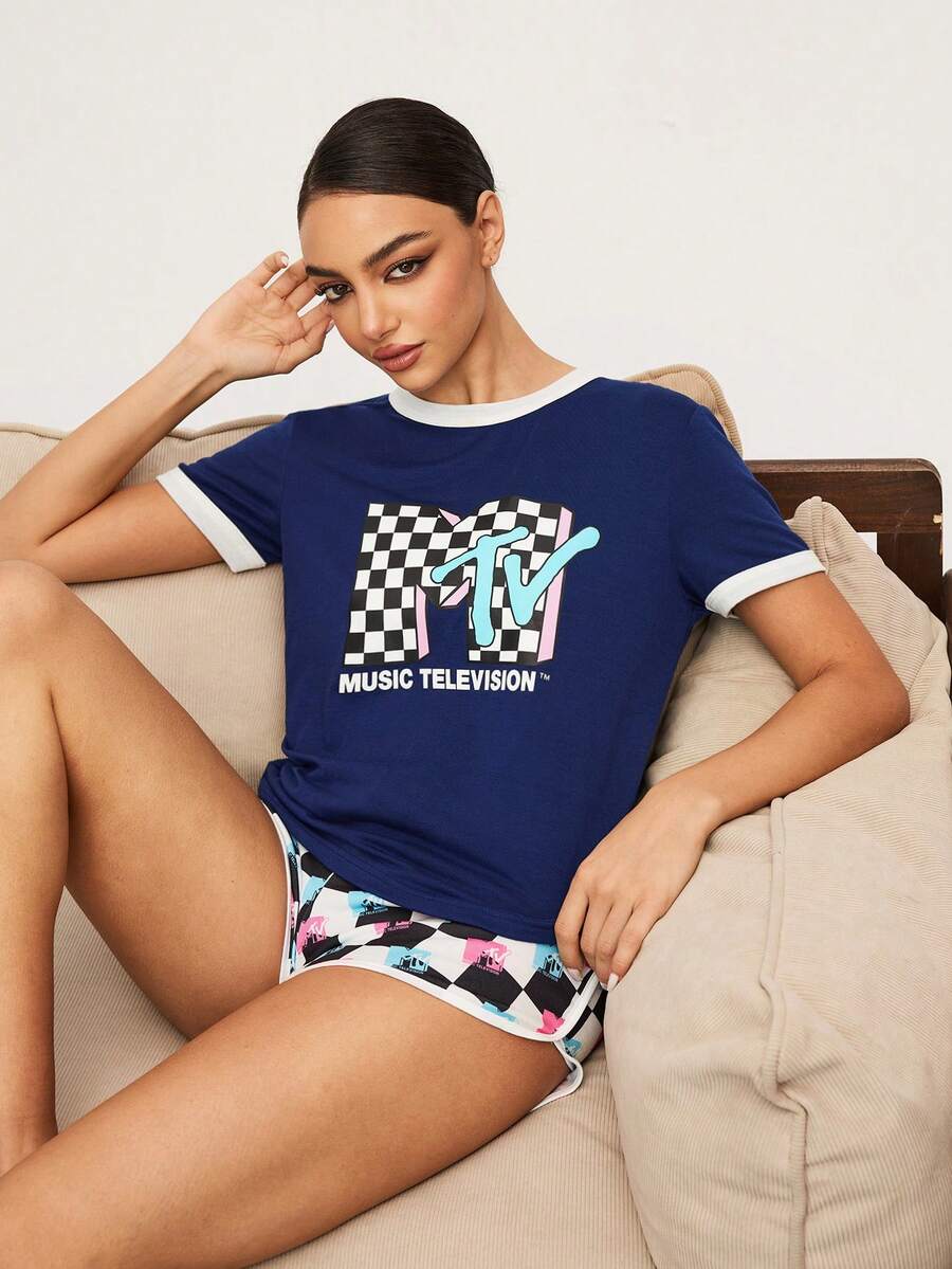 MTV | SHEIN Women's Letter & Checkerboard Print Contrast Trim Round Neck Short Sleeve Top And Shorts Pajama Set - Navy Blue - View 1