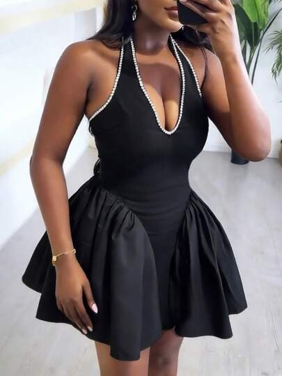 Xyvia Dam vår/sommar ny sexig klubbklänning, pärlkantad halterneck-design, mångsidig för dejt, fest, pendling, svart miniklänning