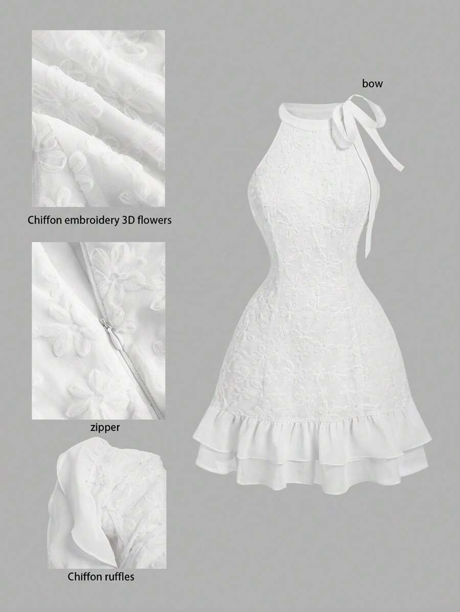 SHEIN MOD Vestido mini de vacaciones de gasa color albaricoque con flores 3D, atuendos de verano para mujer, ropa de playa, atuendos de playa para mujer, atuendos de primavera para mujer, vestido de gasa, bohemio, atuendos de rave festival, atuendos de primavera, vestido azul y blanco, vestido de cumpleaños, fiesta, vestido de graduación, volantes - Blanco - Ver 1
