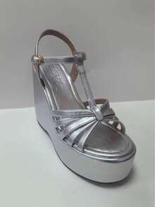Sugerpunk Giày sandal đế dày cho nữ, sandal đế xuồng hở mũi, giày thời trang - Bạc - Xem 15