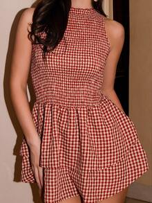 Bris Aura 蓝色格纹无袖修身系带迷你连衣裙，甜美法式夏日度假风 - 彩色 - 查看 4