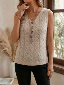 EMERY ROSE Áo len dệt kim dáng suông cổ điển mùa hè, cài nút. - Màu be - Xem 3