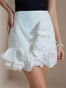 Aveloria Revavyn Jupe élégante de style français, couleur unie, ourlet à volants superposés, design léger et luxueux, pour un look décontracté/vacances pour femmes - Blanc - Voir 3