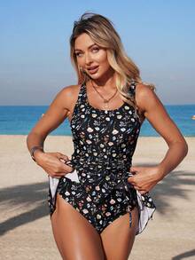 Swim Vcay Women's Adjustable Spaghetti Strap Drawstring Waist Side Slit Printed Swimsuit Dress - Multicolor - View 5