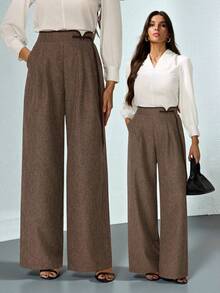 SHEIN Tall 复古经典优雅女士长裤，修身撞色滚边长裤，纽扣闭合长裤，棕色长裤，春夏/夏季/春夏服装，女士夏季服装，棕色长裤，商务休闲女装，新年女装，棕色长裤 - 棕色 - 查看 2