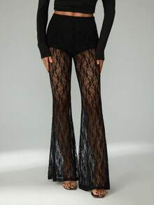 SHEIN Tall Women's Elastic Waist Floral Lace Straight Loose Fashion Pants Bell Bottom Pants See Through Pants Mesh Pants