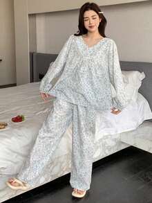 DAZY Floral Print Loose Lantern Sleeve Women Pajama Set - Grey - View 4