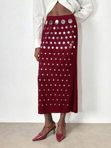 Maija Falda larga con adornos de lentejuelas para mujer, adecuada para fiestas, ir al trabajo, estilo casual elegante, ideal para primavera/verano, Día de San Valentín - Burdeos - Ver 6