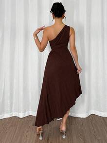 Modelyn Women's Solid Color Asymmetric Hem Sleeveless Elegant Mid-Length Dress - Brown - View 3