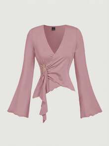 SHEIN MOD 女士纯色交叉V领喇叭袖金属装饰时尚T恤 - 粉色 - 查看 4