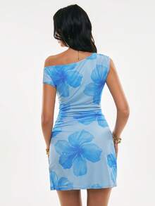 Poéselle Đầm midi ôm sát in hoa màu xanh dương dành cho nữ, cổ bất đối xứng, không tay, xếp ly, phong cách boho. - Màu xanh lam - Xem 3