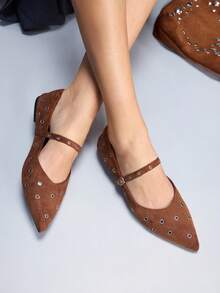 CUCCOO GRLICON Women's Rivet Decor Buckle Pointed Toe Flat Shoes Valentine's Day - Brown - View 4