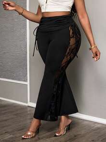 SHEIN PETITE CURVE Plus Size Black Autumn Classy Night Flare Leg Pants,Women's Solid Color Lace Patchwork See Through Pleated Elegant Party Carnival Costume & Weddings - Black - View 5