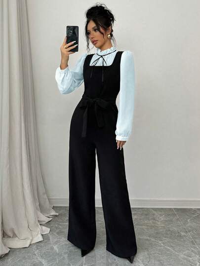 Selianne 女士秋季撞色高腰直筒连体裤套装（含衬衫）