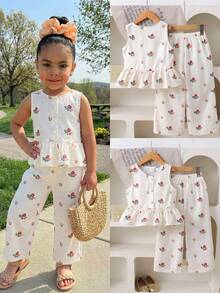 Young Girl Casual Cute Ditsy Floral Sleeveless Top + Elastic Waist Loose Pants Set, Spring/Summer