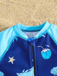 SHEIN Young Boys' Dinosaur Print Casual Vacation Romper Swimsuit - Blue - View 7