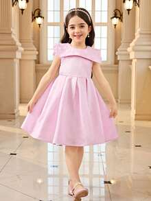 SHEIN Vestido sin mangas con cintura ceñida y cuello bordado para niñas, elegante para fiestas y ocasiones especiales - Rosa - Ver 8