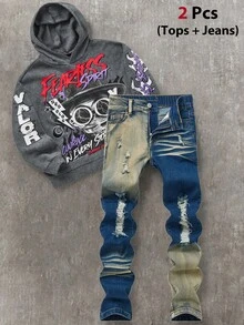 Tween Boy Casual Letter & Portrait Graphic Hoodie And Distressed Denim Jeans Set, Autumn - Dark Wash - View 1