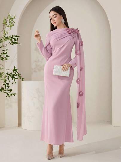 Veilorie 女士粉色珍珠装饰阿拉伯风格连衣裙