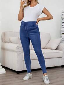 SHEIN Quần jean denim dáng rộng không đối xứng có túi dành cho bà bầu, thích hợp mặc hàng ngày từ mùa xuân đến mùa hè, phù hợp cho ngày Valentine, lễ hội, đi làm, nghỉ mát, tốt nghiệp, phong cách Y2K, dễ thương, thời trang đường phố, dự tiệc, đám cưới, thanh lịch, công sở, thường ngày. Quần jean skinny màu xanh dương dành cho bà bầu, có chun co giãn, cạp cao che bụng, quần jean denim cho bà bầu. - Màu xanh lam - Xem 6