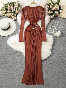 Modelyn 优雅珍珠点缀长袖连衣裙，修身飘逸女士正式礼服，秋季款 - 棕色 - 查看 6