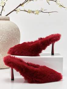 SHUZIA Women's Fashionable Sexy Stilettos Pointy Toe Faux Fur High Heel Pumps Valentine's Day - Burgundy - View 5