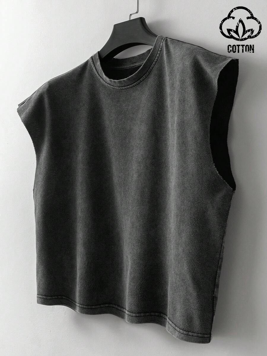 TOKVUE 男士休闲时尚街头水洗宽松背心，适合夏季日常通勤 - 黑色 - 查看 1